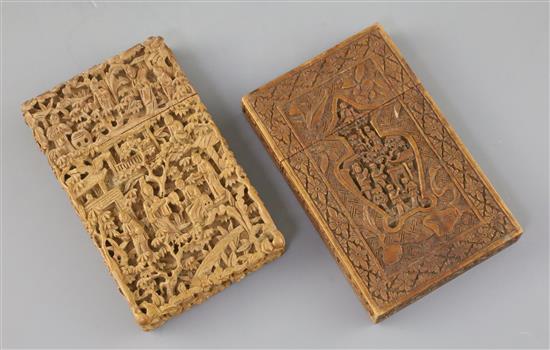 Two Chinese export sandalwood card cases, 19th century, 10.8 and 10.9cm